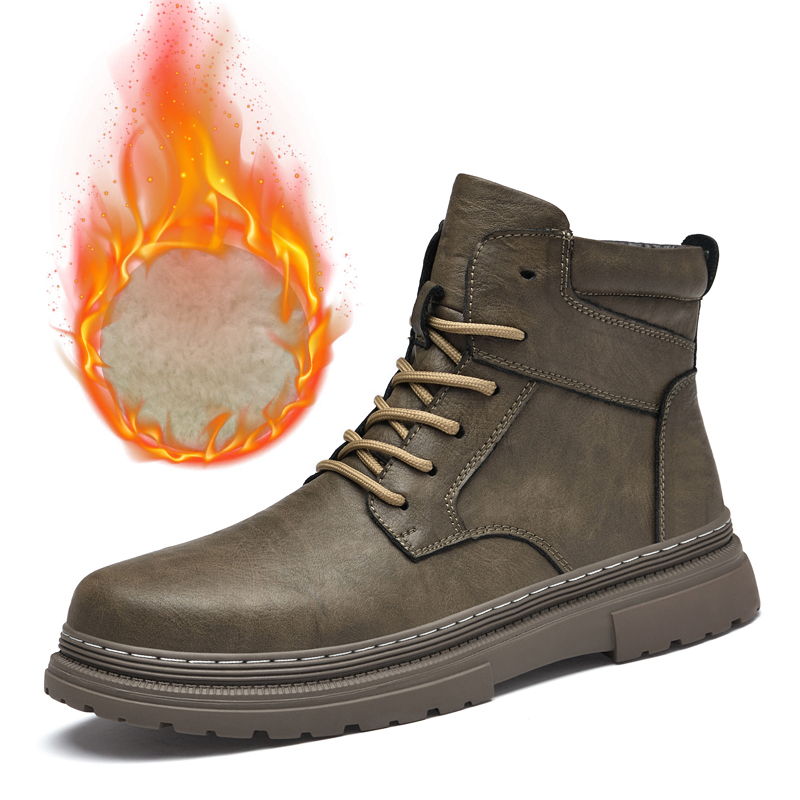 Leather Work Boots - Warm Winter Men Leather Shoes Rubber