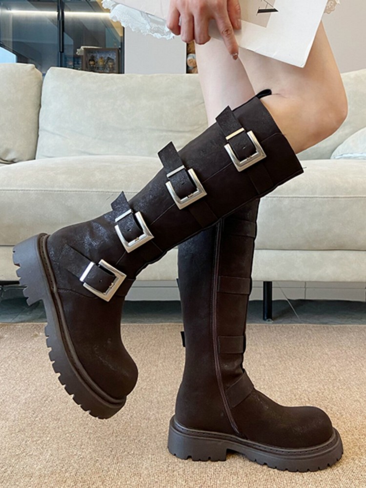 Fashion Women Multi Buckle Kne - đánh giá và giá Leather Work Boots