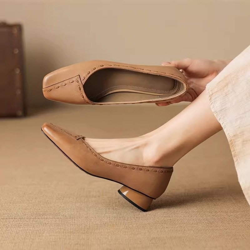 Elegant Square Toe Chunky Heel - đánh giá và giá Leather Work Outfit